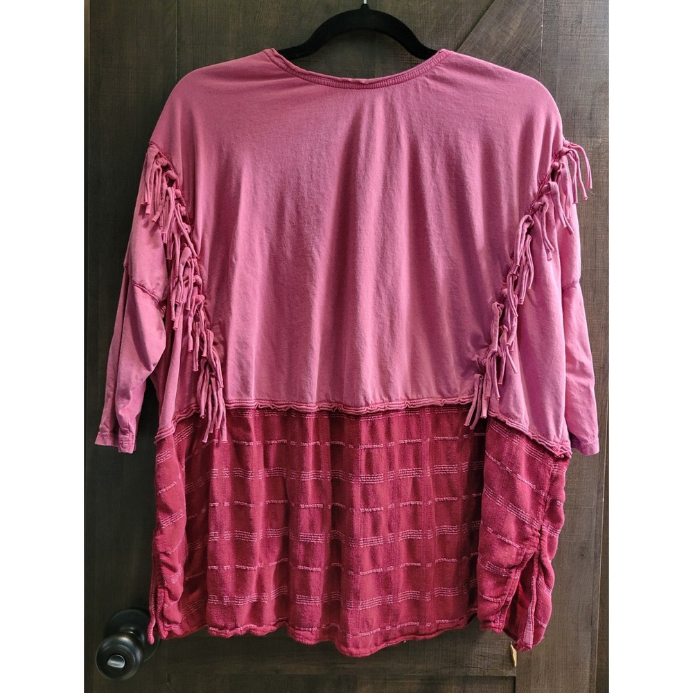 Free People Mixed Media Fringe V-Neck‎ Top Pink Burgundy Boho XS - Picture 7 of 14